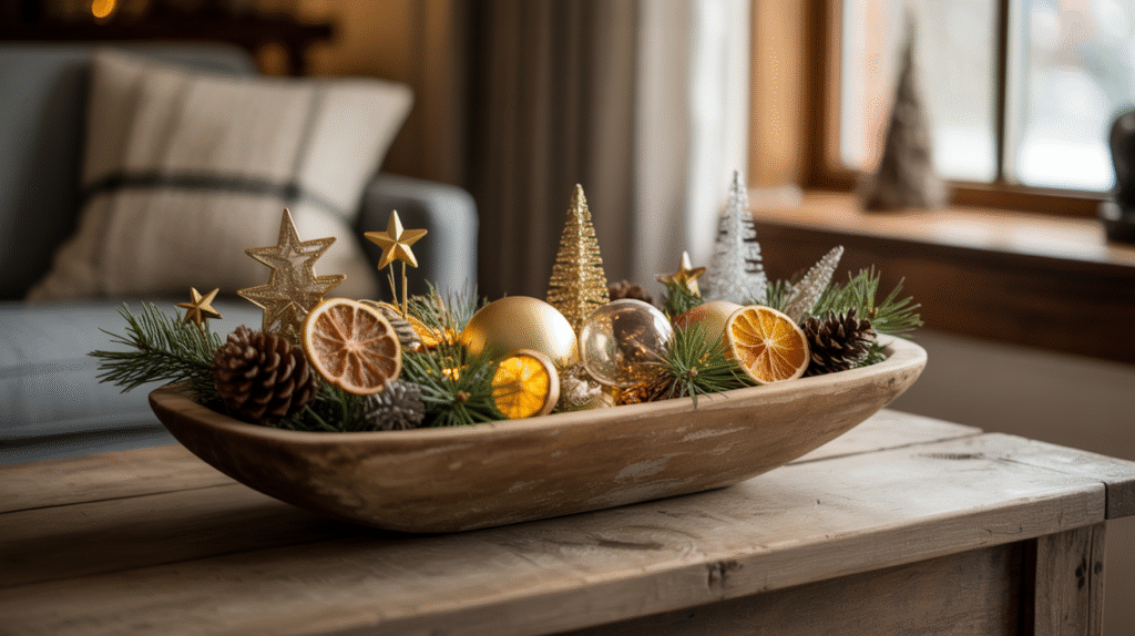Fill a wooden dough bowl with ornaments and greenery