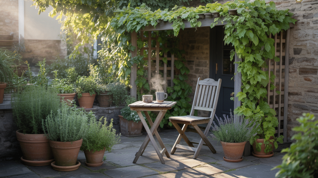 Stone Patio Paradise with Herb Garden Charm
