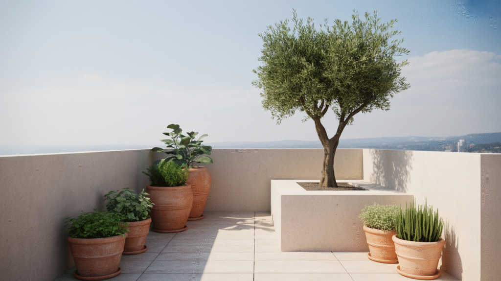 Minimalist Rooftop with an Olive Tree