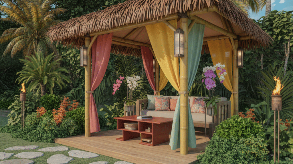 Tropical Paradise Pavilion Filled with Exotic Plants, Bamboo Furniture, and Lagoon-Style Water