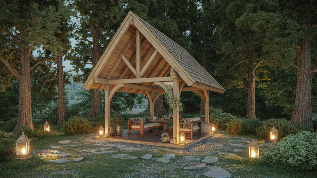 Enchanted Woodland Pavilion Surrounded by Towering Trees for a Magical Hideaway