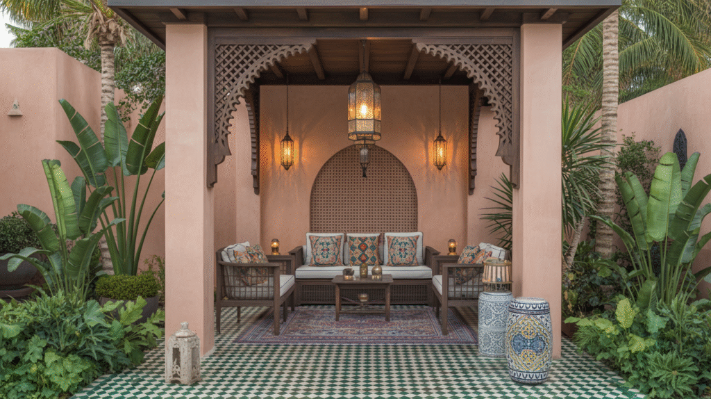 Moroccan Oasis Pavilion with Exotic Lanterns, Bold Textiles, and Lush Greenery