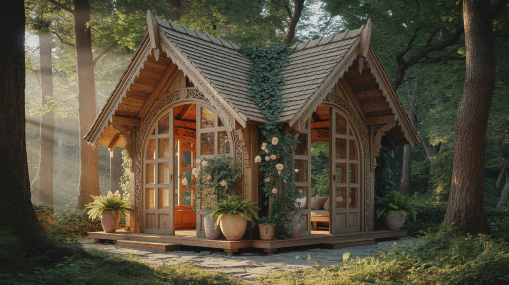 Rustic Woodland Retreat Pavilion Using Natural Timber and Stone for a Cozy, Inviting Nook