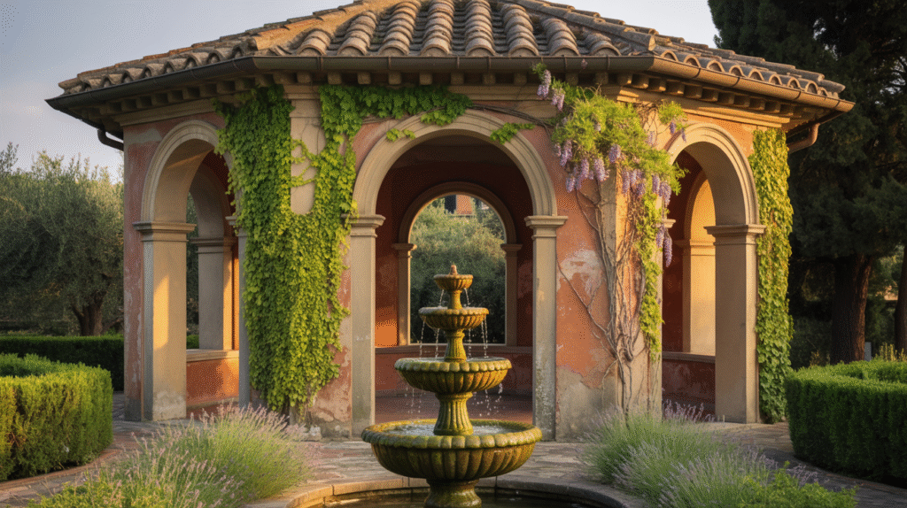 Italianate Garden Pavilion Framed by Arched Vines and a Central Fountain for Old-World Charm