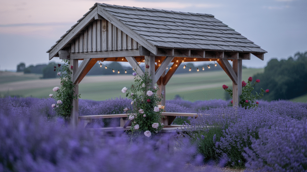 Lavender-Encircled Pavilion Surrounded by Purple Fields for a Fragrant, Peaceful Retreat