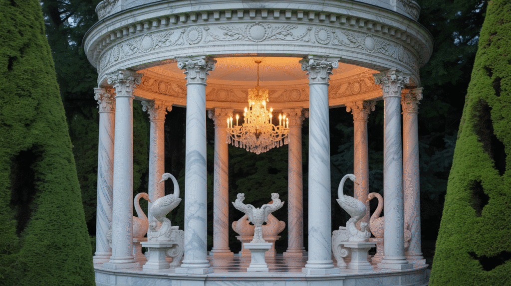 Grand Classical Pavilion Surrounded by Topiaries and Marble Benches for Regal Gatherings