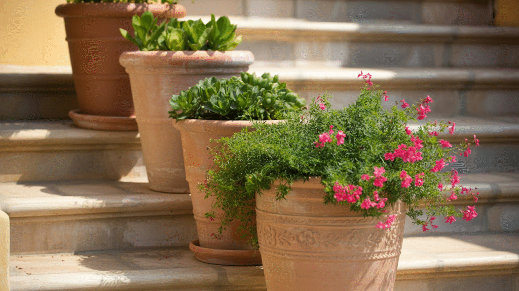 Tiered Terracotta Pot Arrangements for Mediterranean Warmth