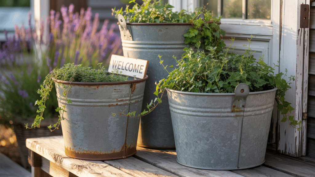 Vintage Metal Bucket Planters with Rustic Elegance