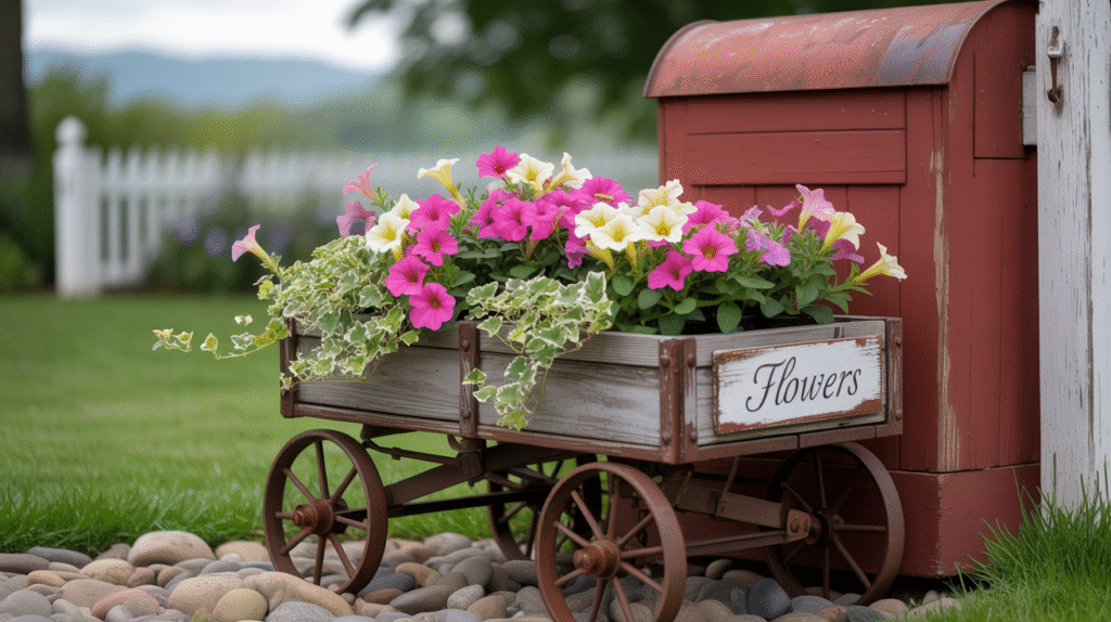 Mailbox Flower Bed with a Wagon – Nostalgic Country Style