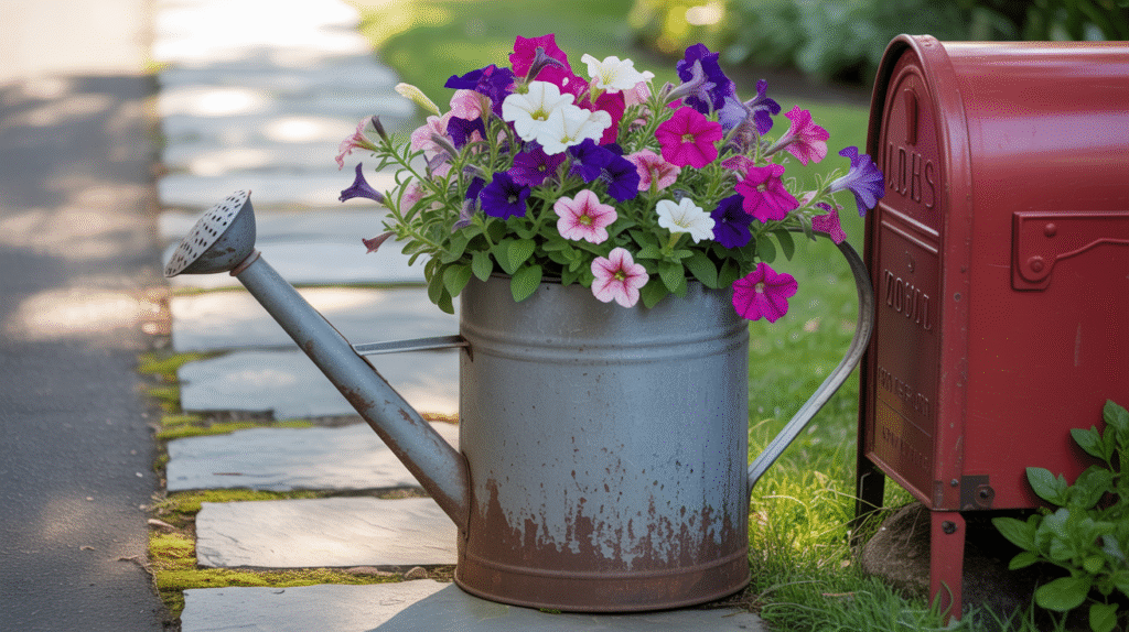 Mailbox Flower Bed with a Watering Can – Vintage and Playful