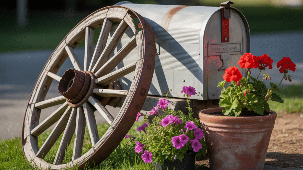 Mailbox Flower Bed with a Wooden Wheel – Antique Garden Accent