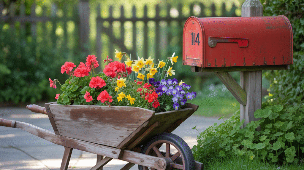 Mailbox Flower Bed with a Wheelbarrow – Vintage Garden Appeal