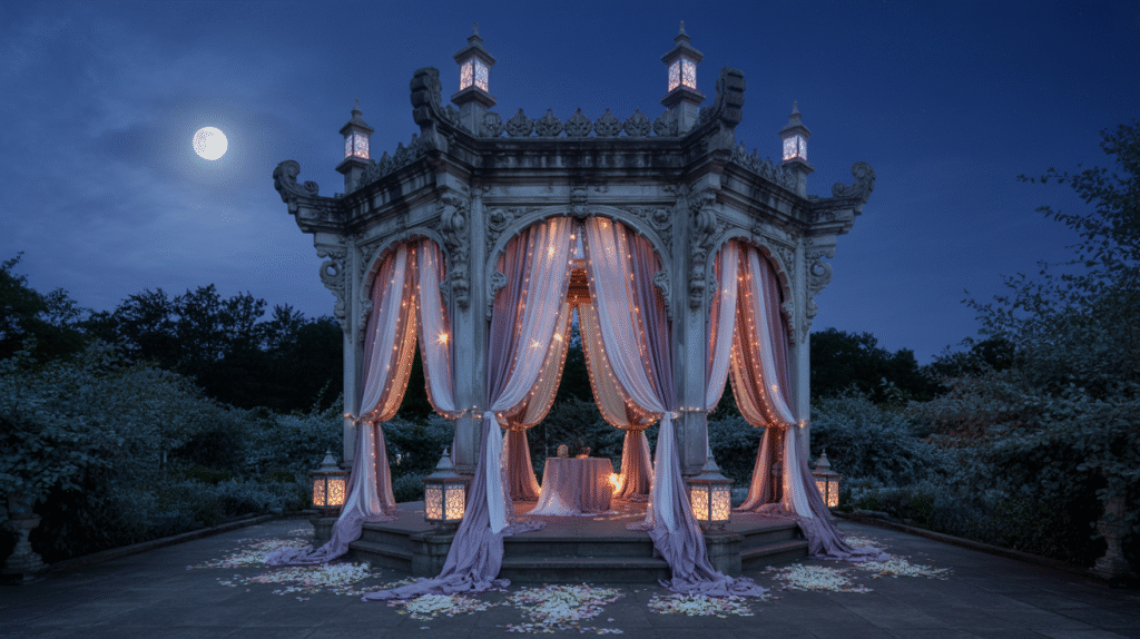 Moonlit Romantic Pavilion Accented with Soft Pastels and Silver Lanterns for Cozy Evenings