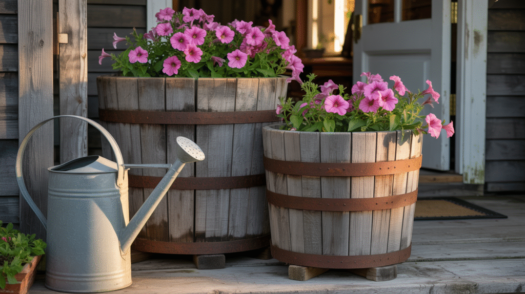Rustic Wooden Barrel Planters for Timeless Farmhouse Charm