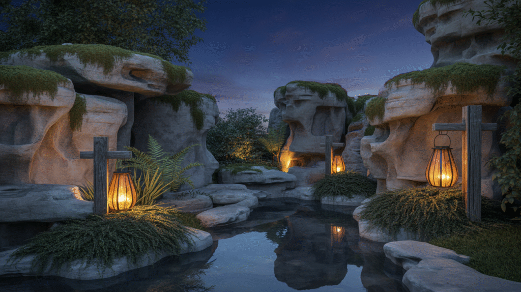 Rustic Rock Grotto with Lantern Glow