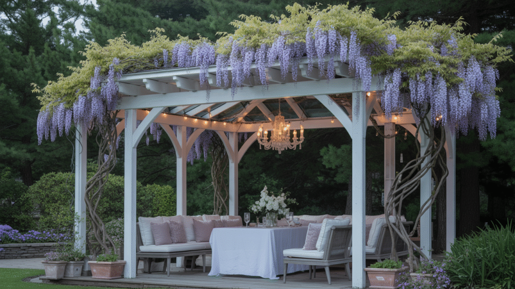 Wisteria-Draped Haven Pavilion That Combines Romance, Color, and Tranquility