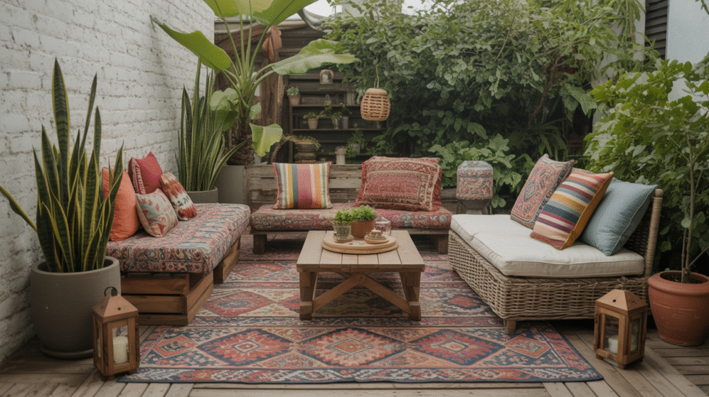 Bohemian Outdoor Lounge with Pillows, Rugs, and Lanterns