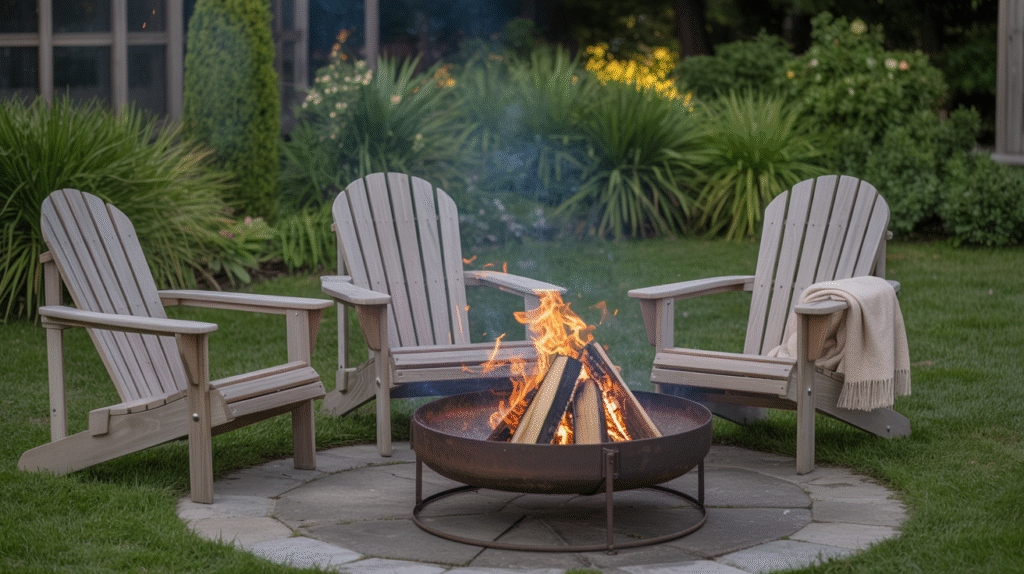Rustic Fire Pit Retreat with Adirondack Chairs and Blankets