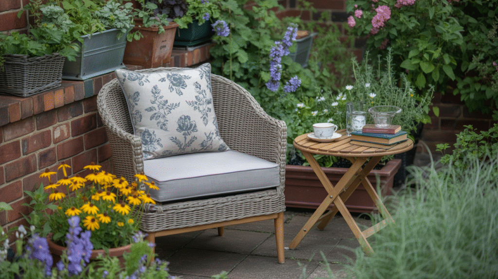 Cozy Reading Nook Surrounded by Fragrant Blooms and Herbs