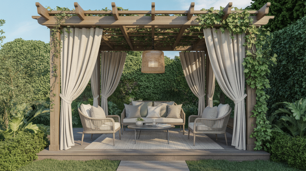 Shaded Pergola Lounge with Curtains for Breezy Comfort