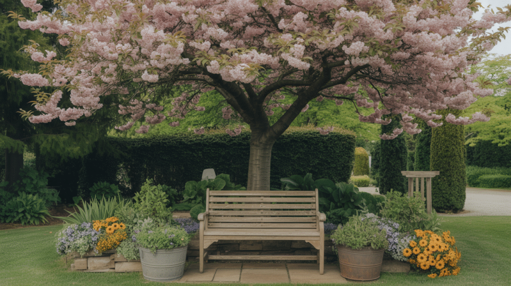 Garden Bench Nook Nestled Under Blossoming Trees