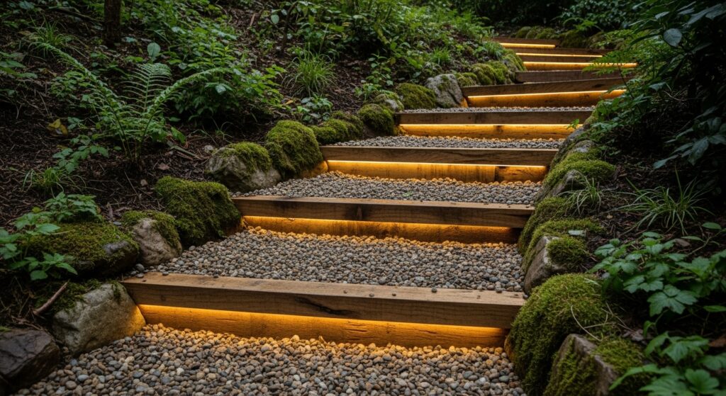 Gravel and Timber Steps for a Natural Blend