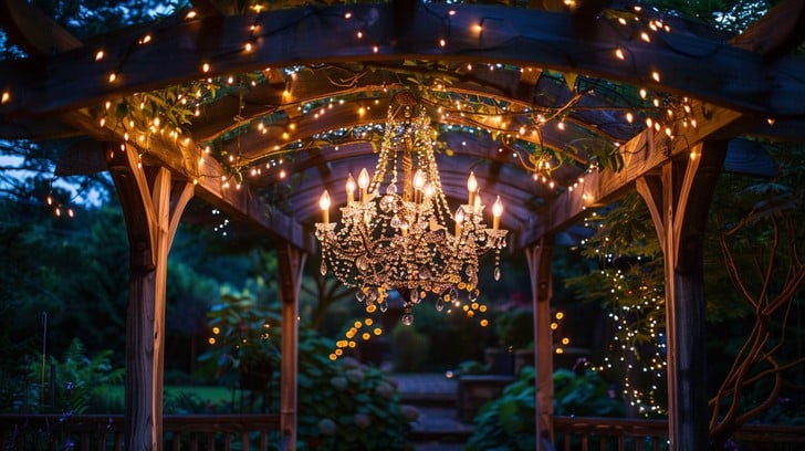 Rustic Wooden Gazebo with Magical Lighting